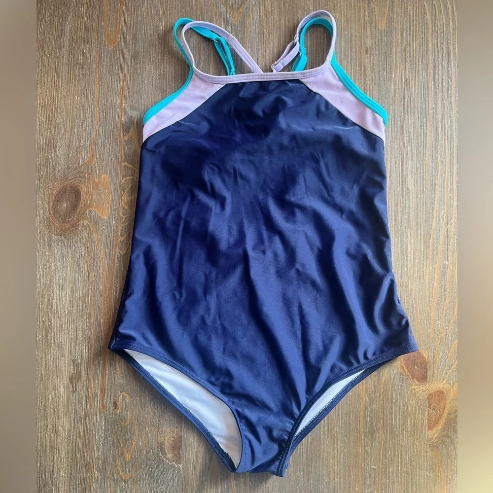 Kids' One Piece Swimsuit in Navy with Pink and Teal Accents